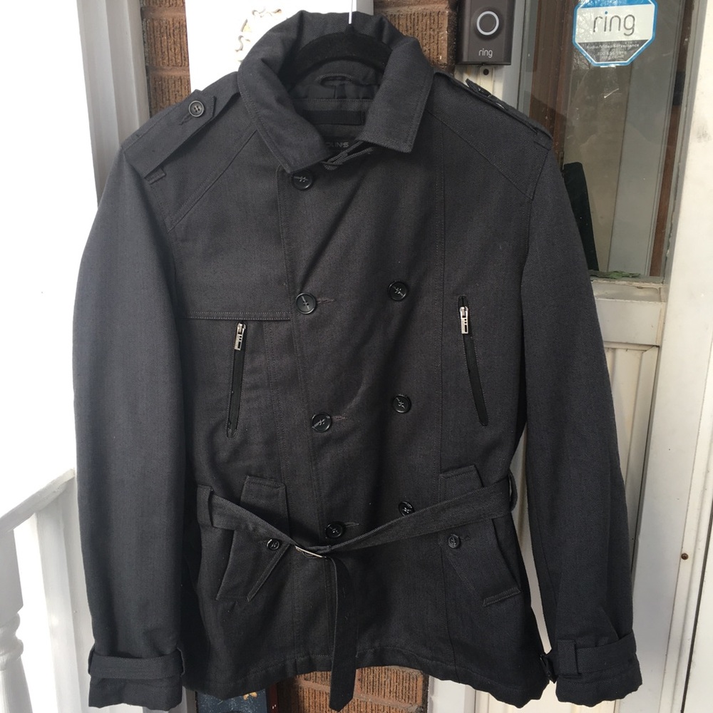Colin's Dark Grey Herringbone Jacket, Short Trench Coat With Belt, Men's Medium